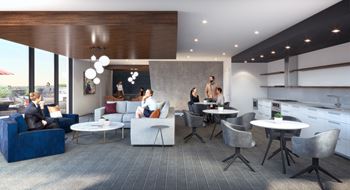 a rendering of a communal area with tables and chairs